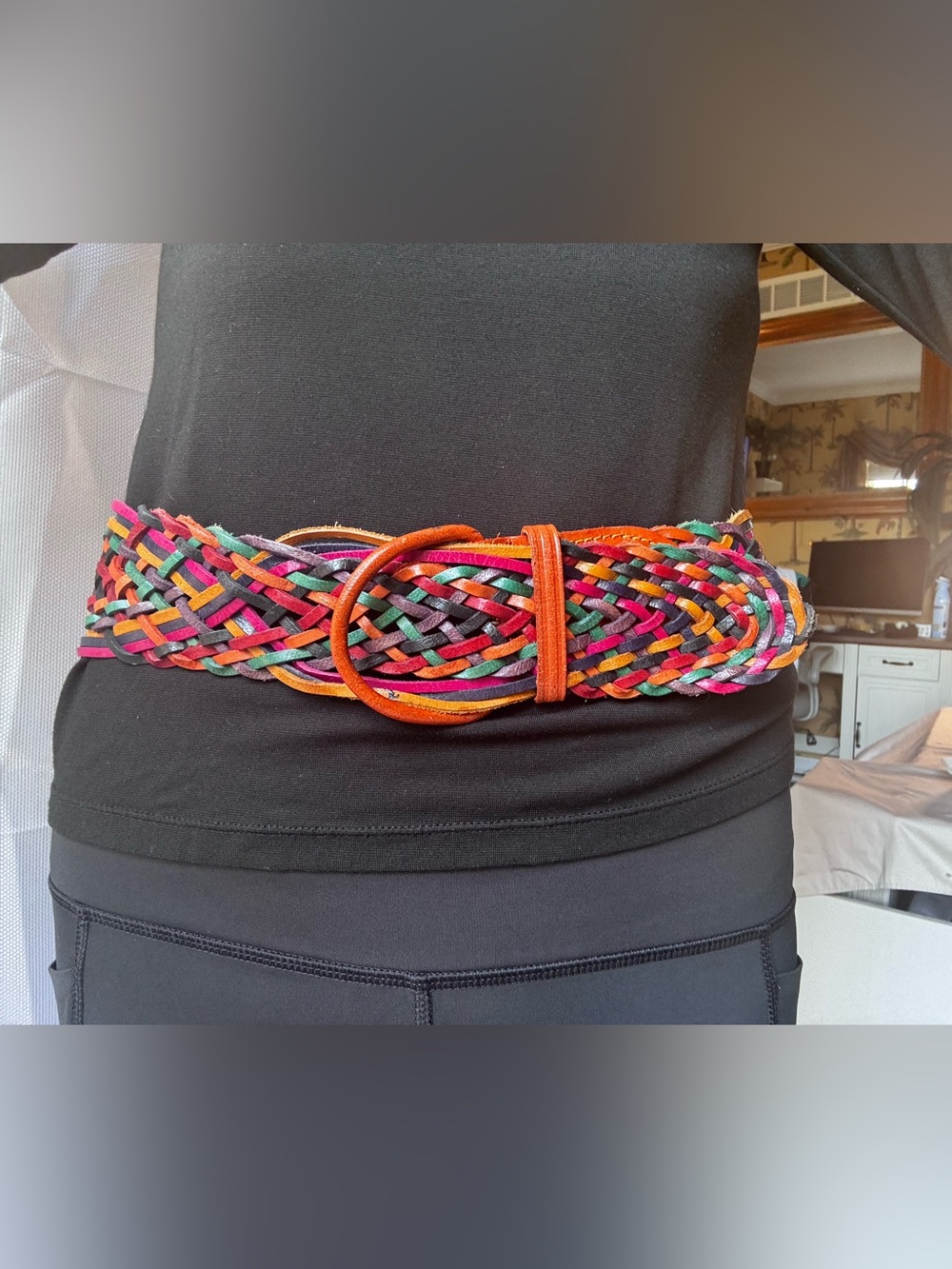 Braided Multicolor Leather Belt with Round Buckle - Women's Accessory